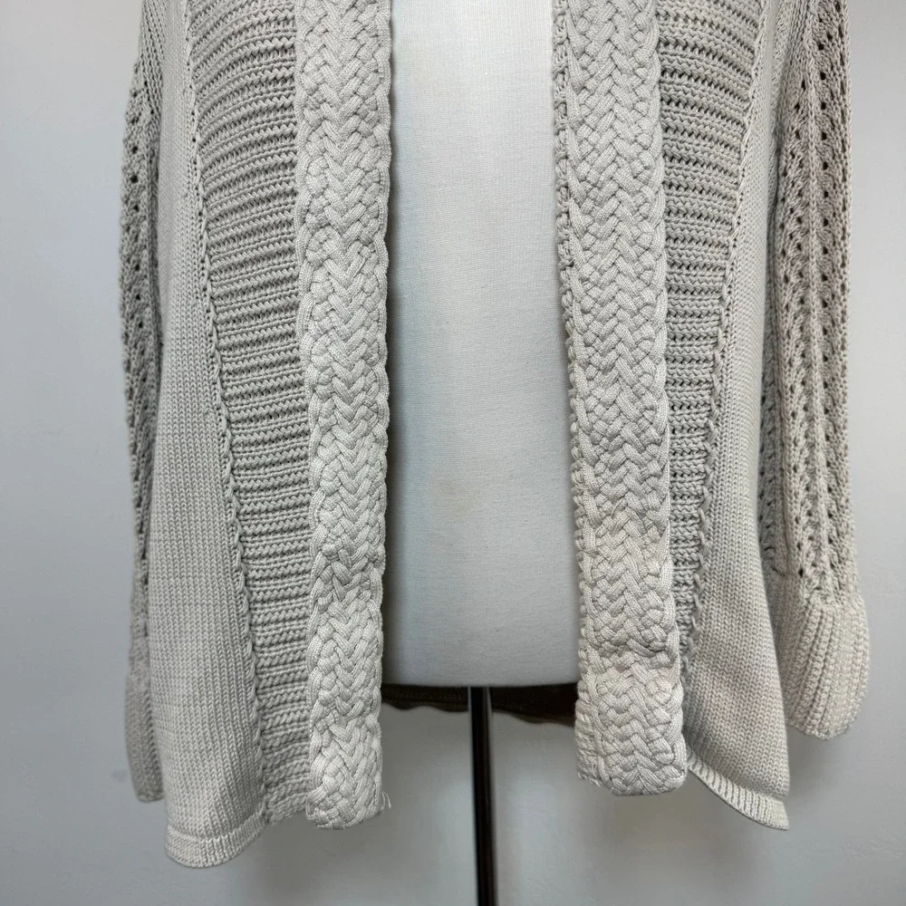 Elie Tahari Silk Cotton Open Front Cardigan Beige Braided Cable Knit Coastal M